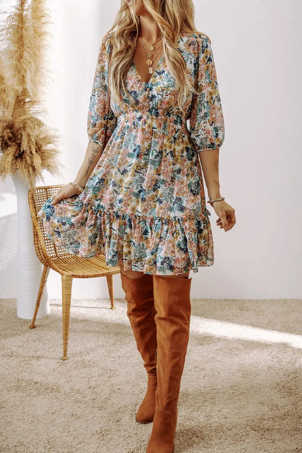 🌼 Printed V-Neck Half Sleeve Dress 🌼