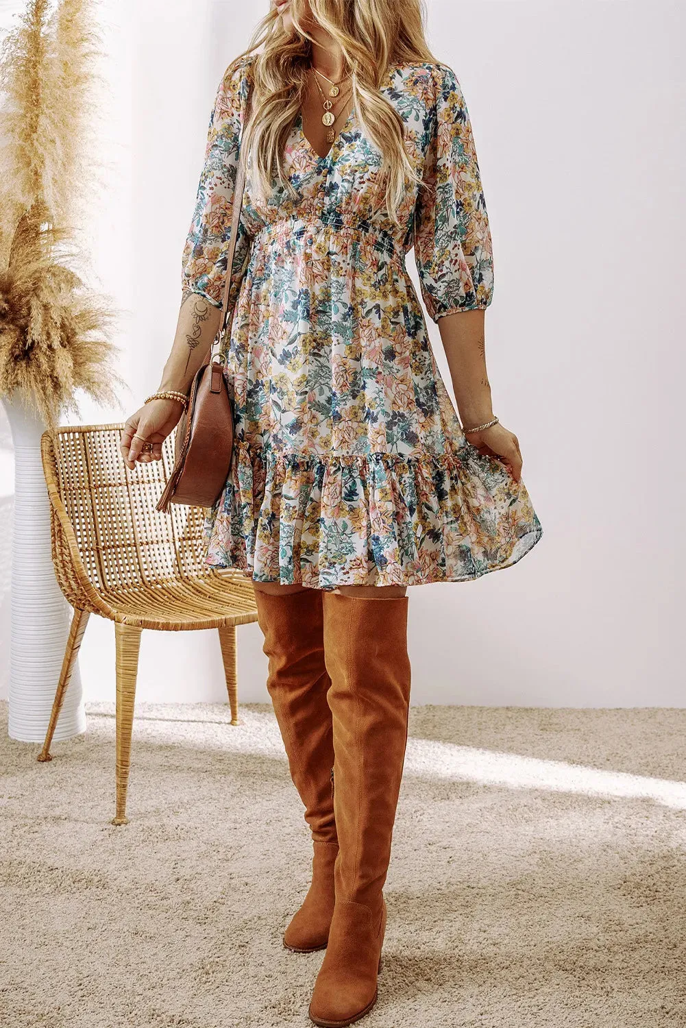🌼 Printed V-Neck Half Sleeve Dress 🌼