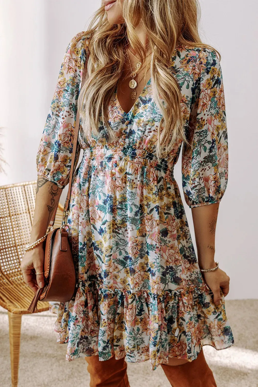 🌼 Printed V-Neck Half Sleeve Dress 🌼