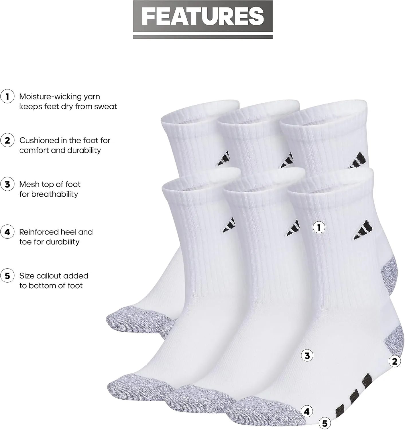 adidas Unisex Youth Athletic Cushioned 6-Pack, Crew Socks Kids for Sports, Durable & Breathable