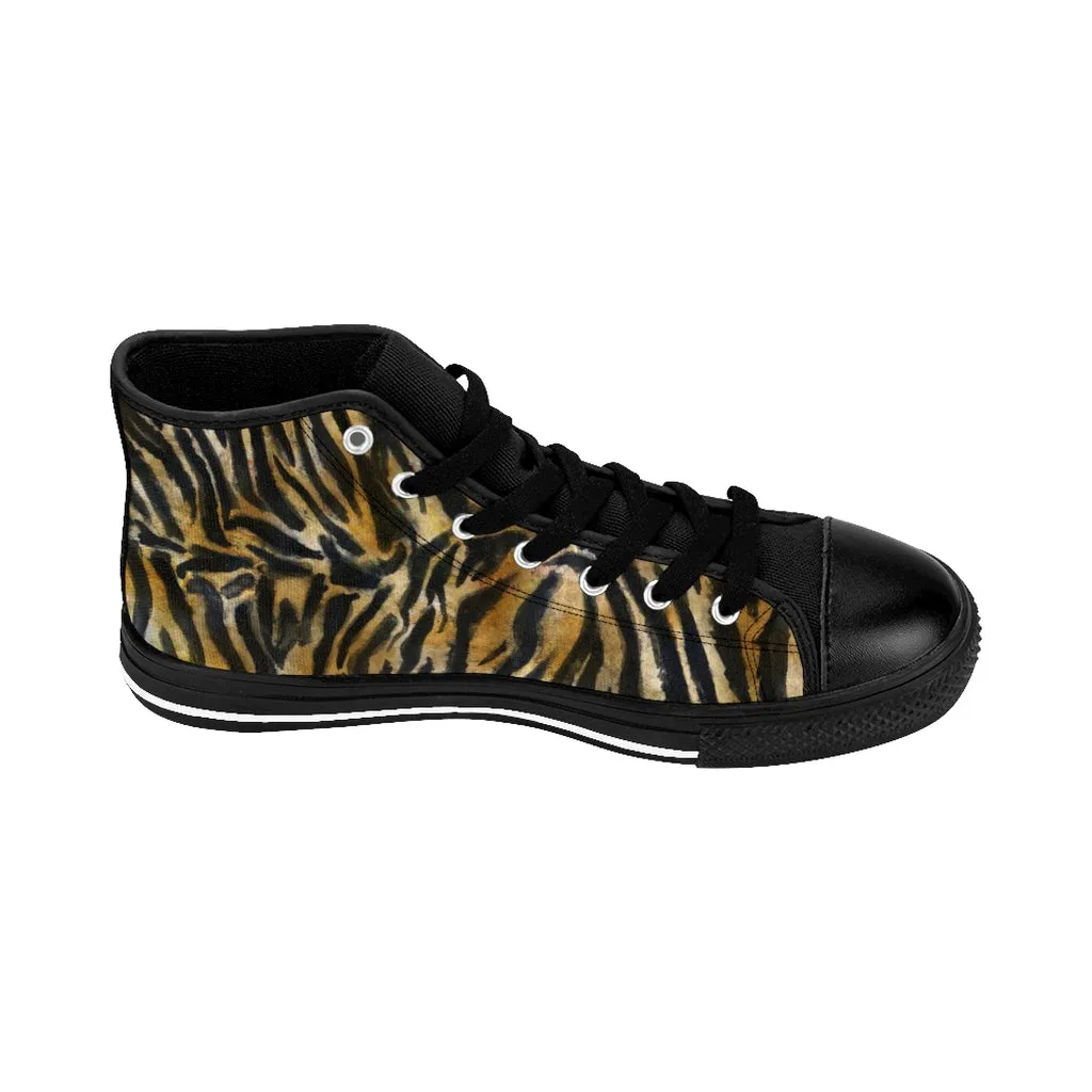 Brown Tiger Men's High-top Sneakers, Striped Animal Print Men's Designer Tennis Running Shoes