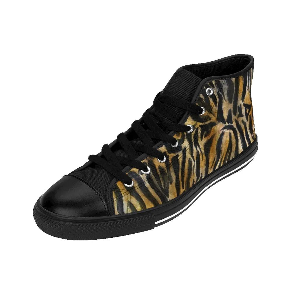 Brown Tiger Men's High-top Sneakers, Striped Animal Print Men's Designer Tennis Running Shoes