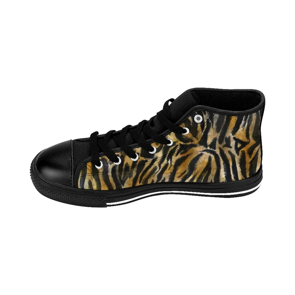 Brown Tiger Men's High-top Sneakers, Striped Animal Print Men's Designer Tennis Running Shoes