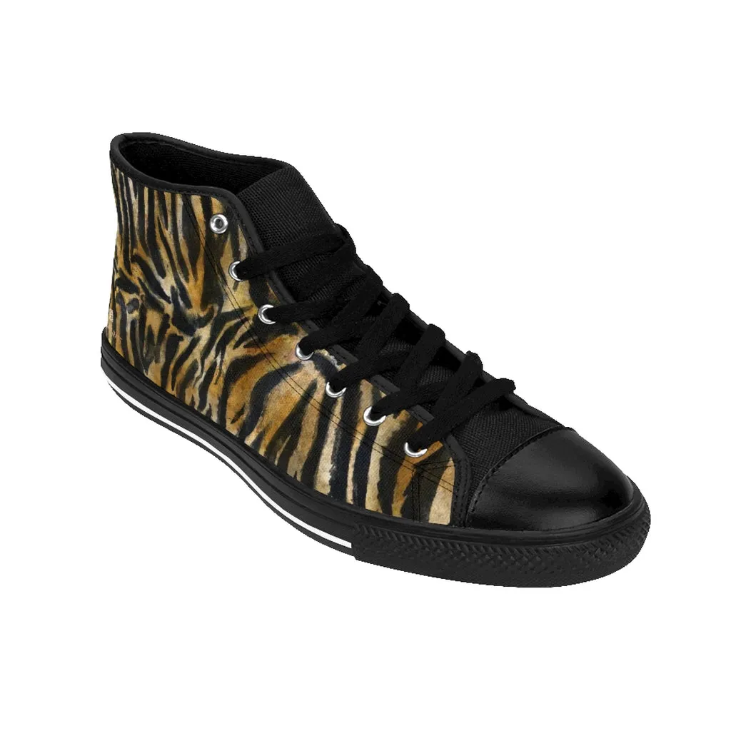 Brown Tiger Men's High-top Sneakers, Striped Animal Print Men's Designer Tennis Running Shoes