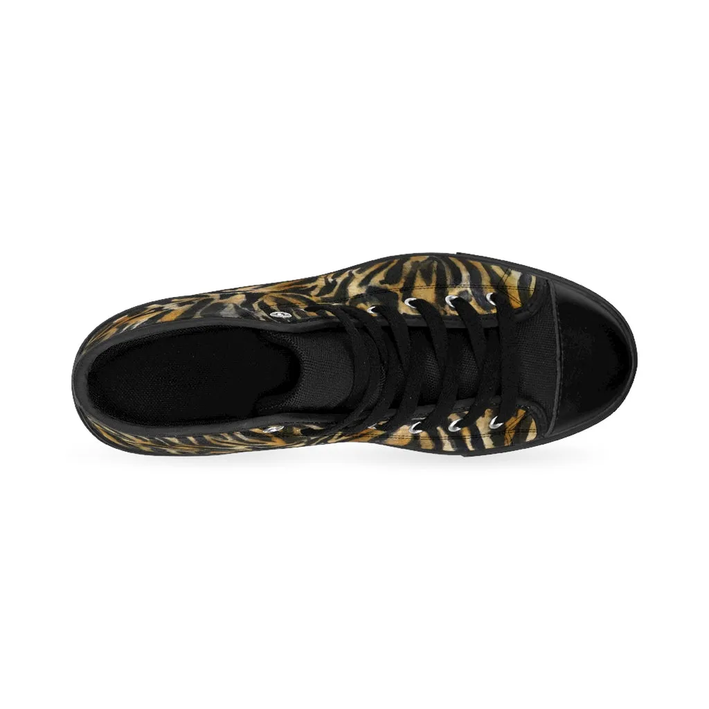 Brown Tiger Men's High-top Sneakers, Striped Animal Print Men's Designer Tennis Running Shoes