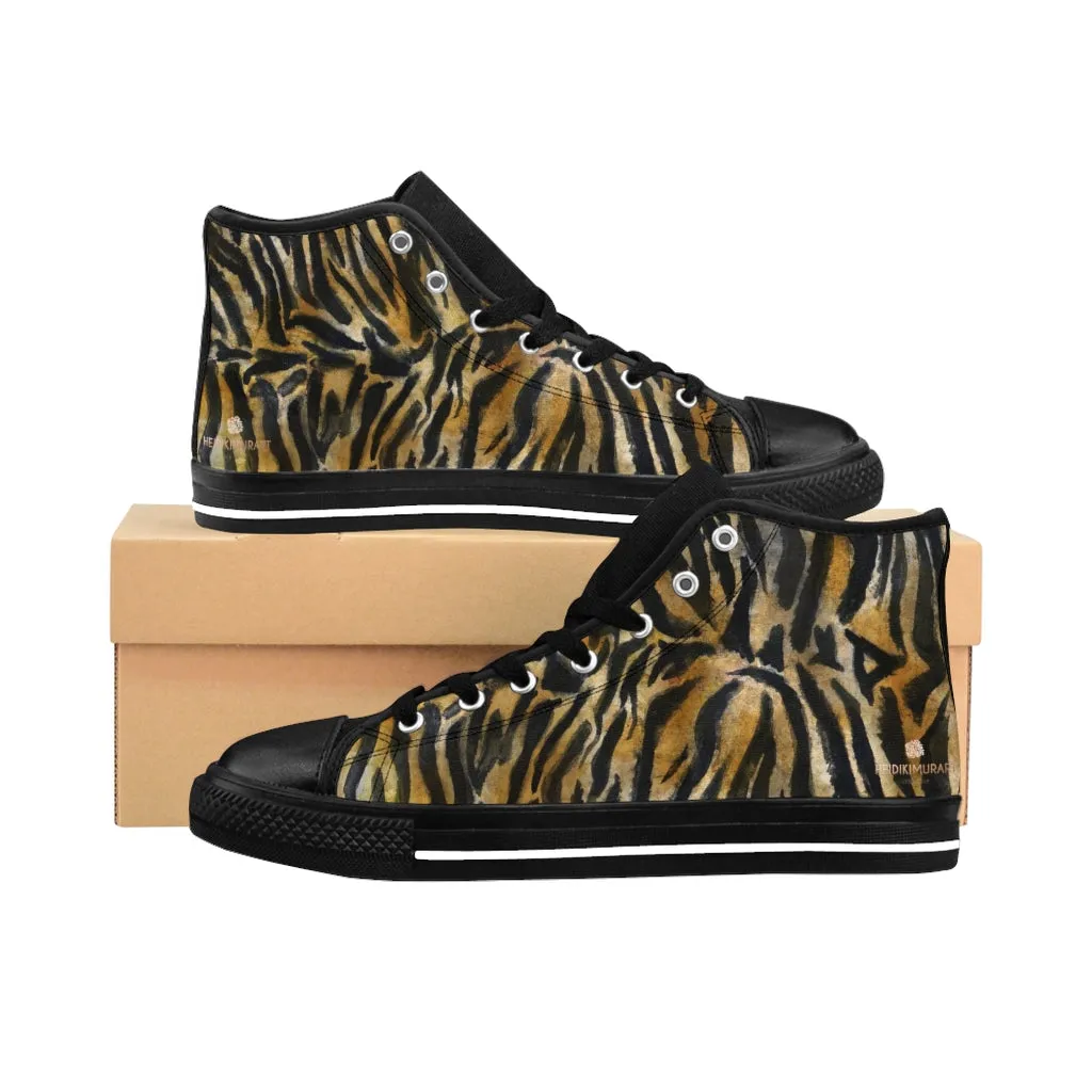 Brown Tiger Men's High-top Sneakers, Striped Animal Print Men's Designer Tennis Running Shoes