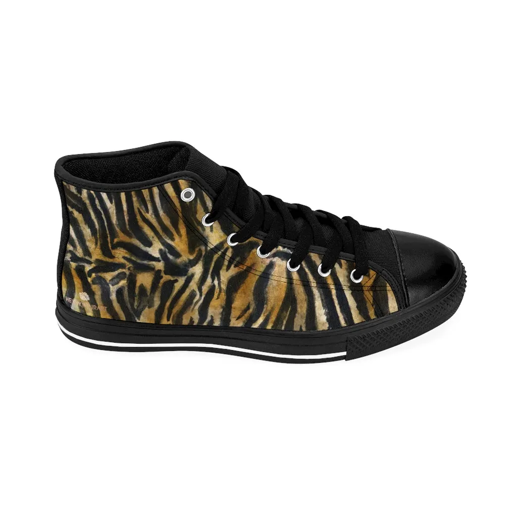 Brown Tiger Men's High-top Sneakers, Striped Animal Print Men's Designer Tennis Running Shoes