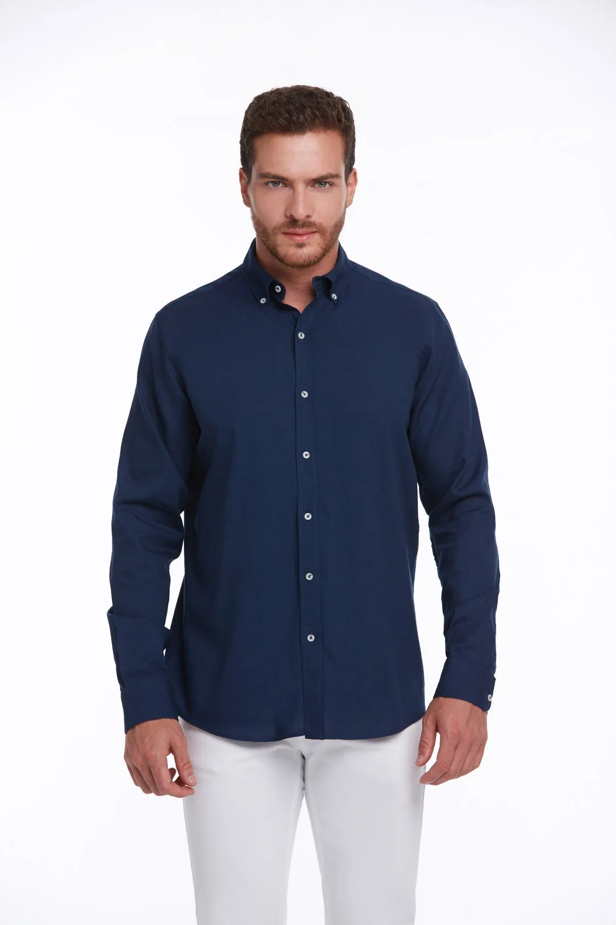 Comfort Fit Button-Down Long Sleeve Cotton Navy Casual Shirt