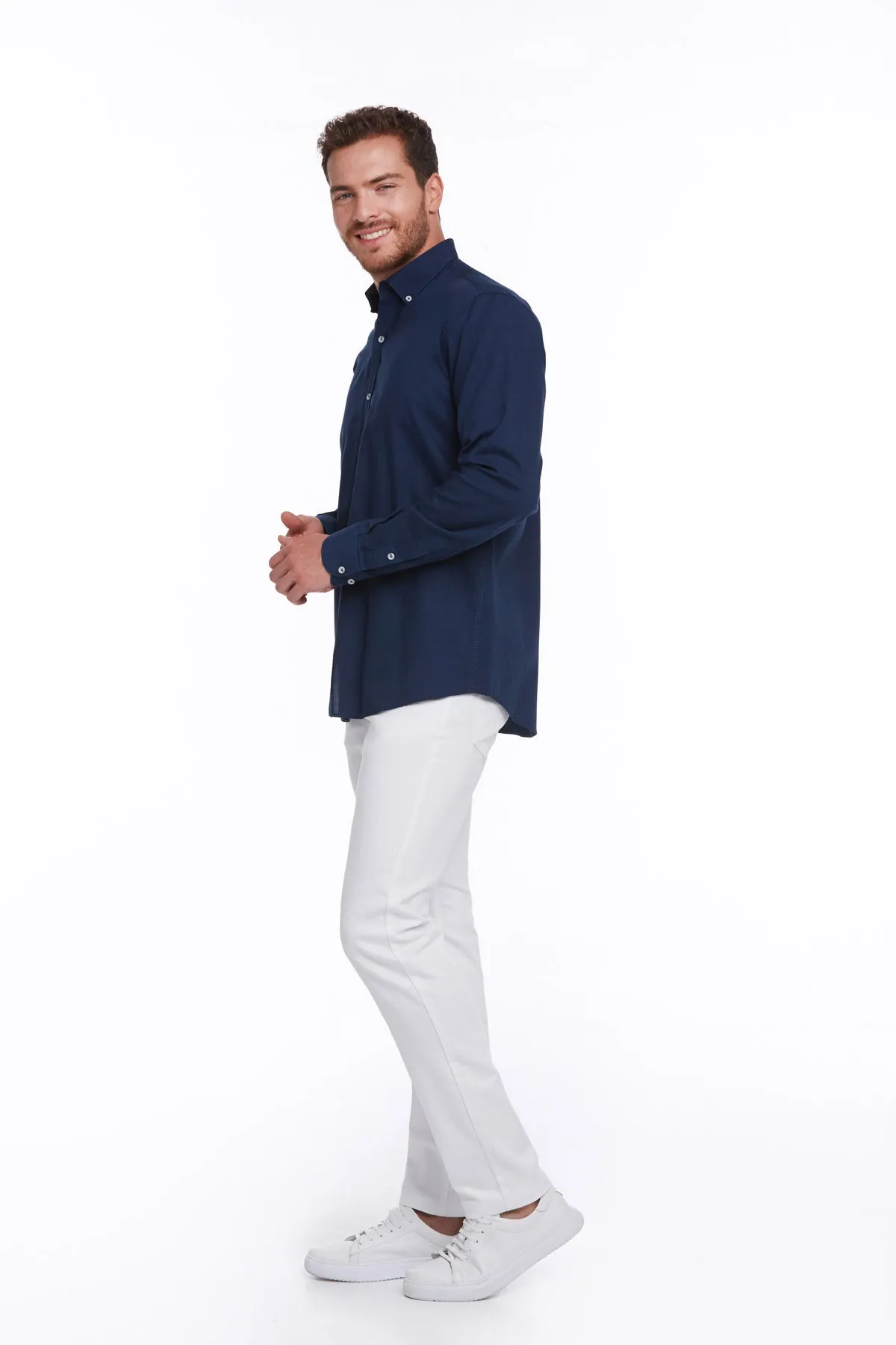 Comfort Fit Button-Down Long Sleeve Cotton Navy Casual Shirt