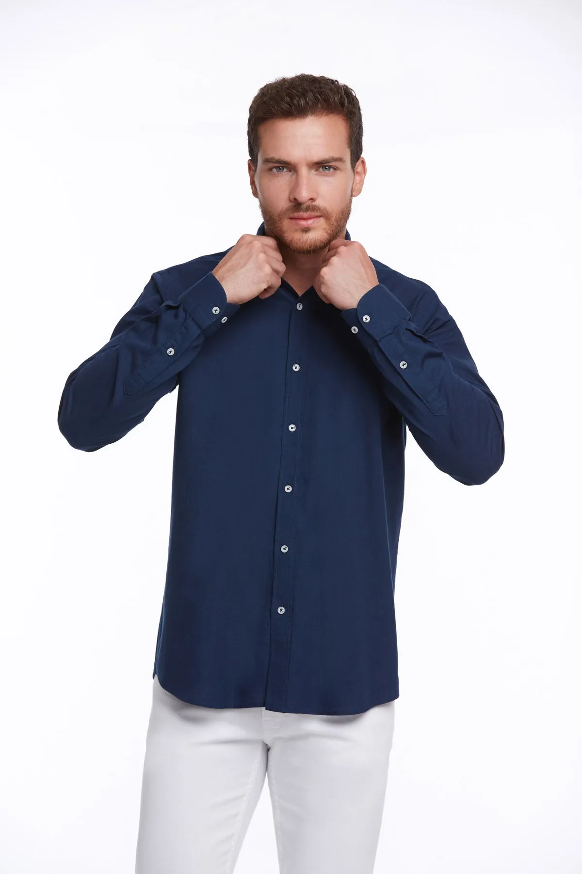 Comfort Fit Button-Down Long Sleeve Cotton Navy Casual Shirt