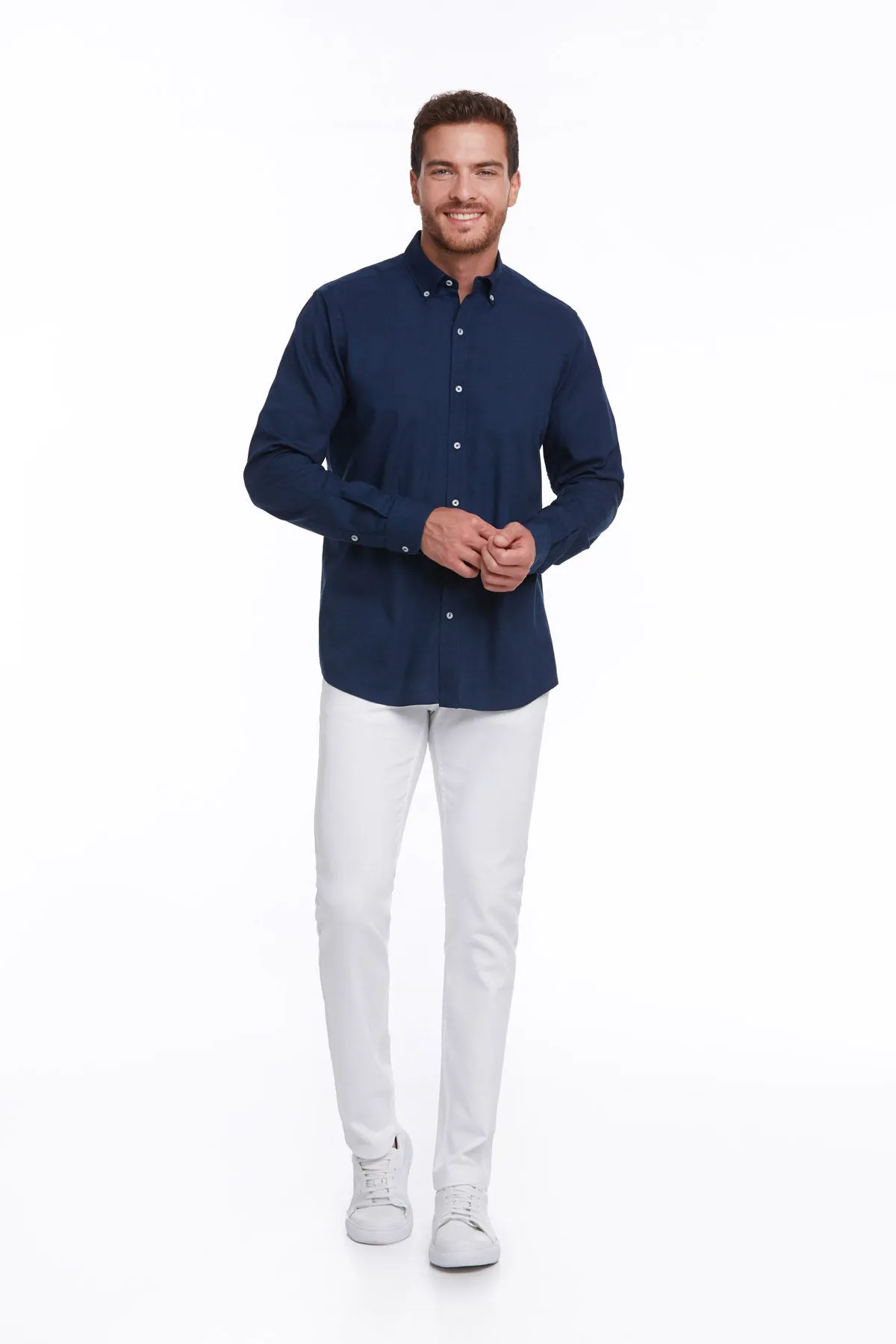 Comfort Fit Button-Down Long Sleeve Cotton Navy Casual Shirt