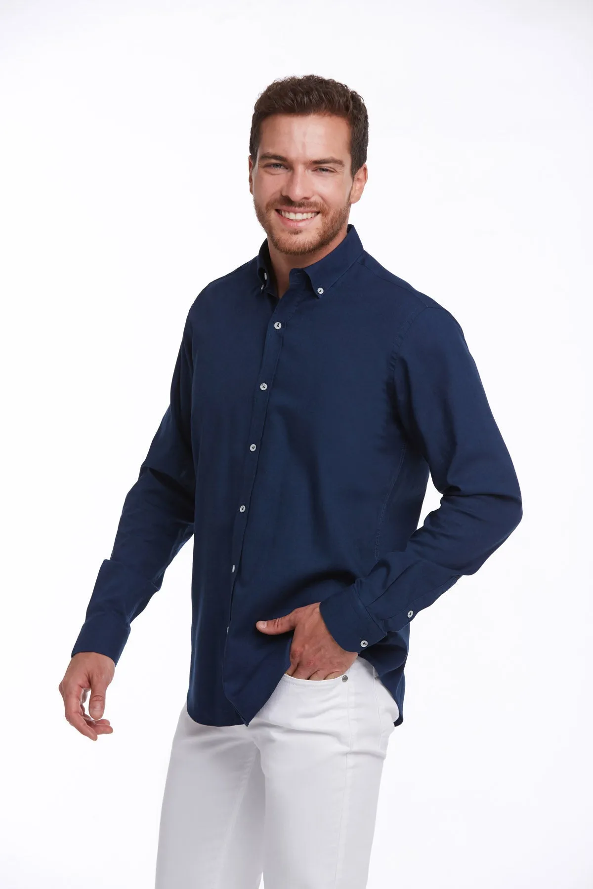 Comfort Fit Button-Down Long Sleeve Cotton Navy Casual Shirt