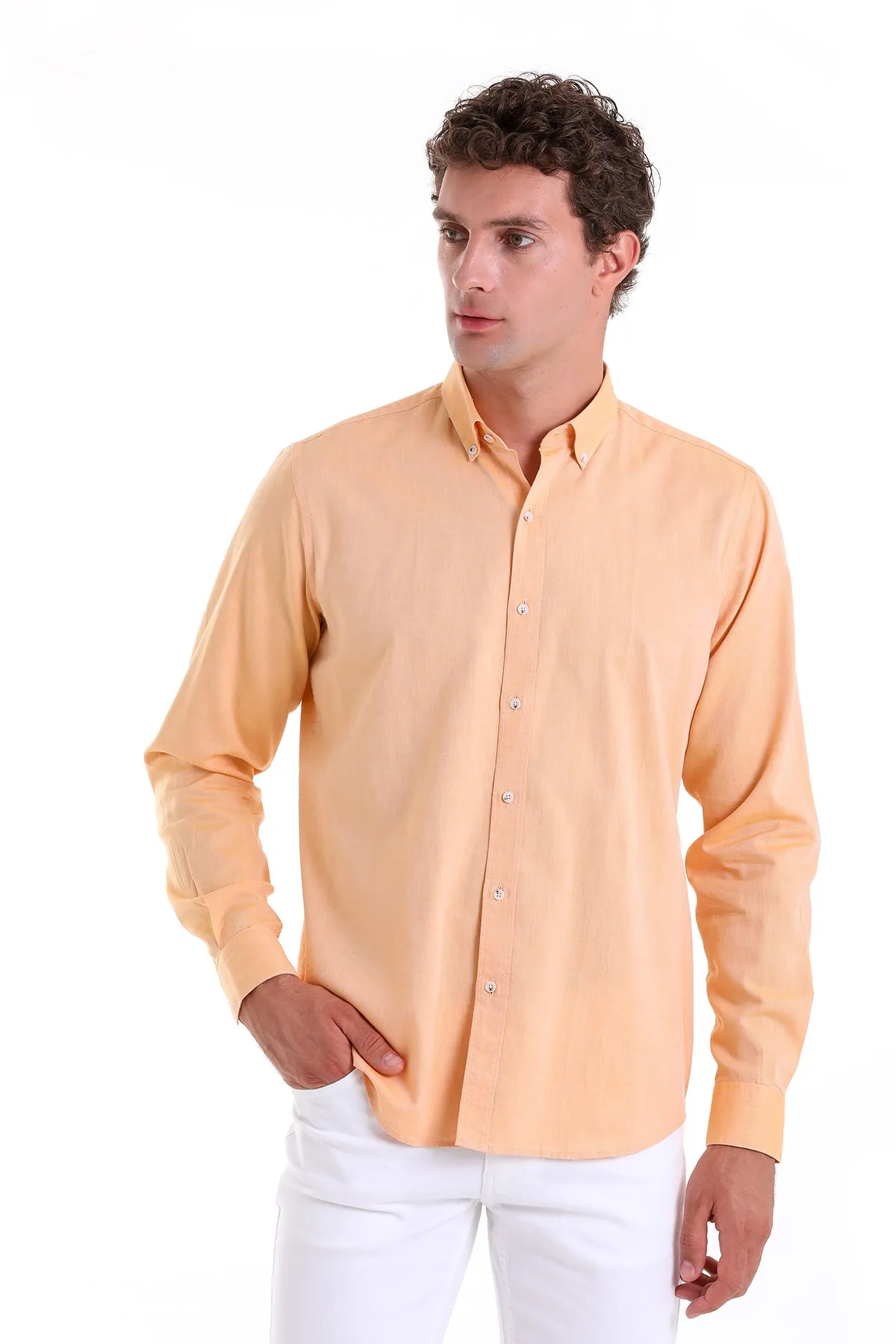 Comfort Fit Long Sleeve Cotton Orange Casual Shirt