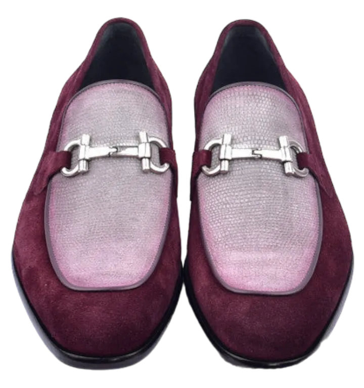 Corrente Mens Burgundy-Grey Casual Dress Shoes with Bit Buckle Detail, Item 6376 - Loafer Style
