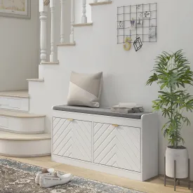 cozy Shoe Bench with 2 Flip Drawers, Cushion, 8 Pairs for Entryway, White