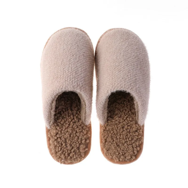 GHJIOL Winter Home Solid Women Fur Slippers Warm Flock Plush Bedroom Ladies Flat Shoes Slides Couples House Furry Slippers