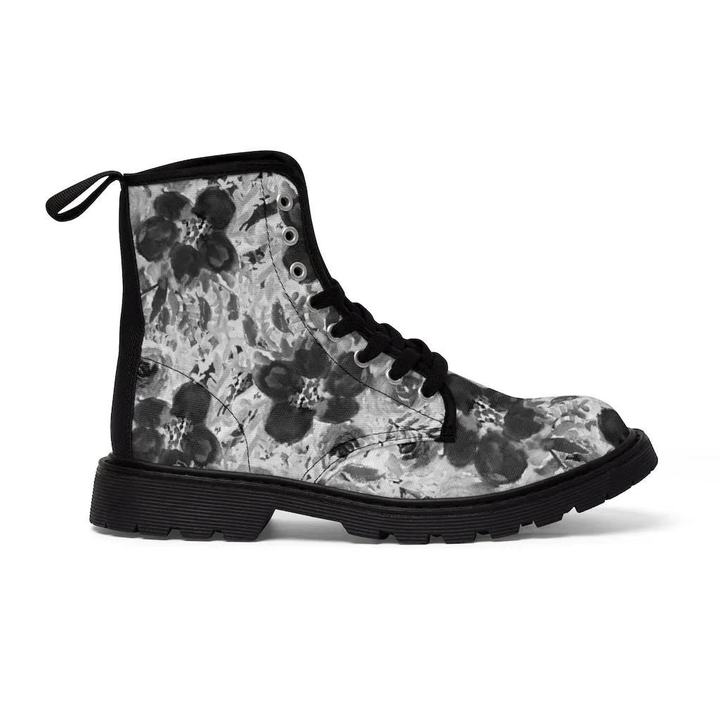Grey Floral Print Men's Boots, Grey Floral Print Designer Best Hiking Winter Boots Laced Up Shoes For Men (US Size: 7-10.5)