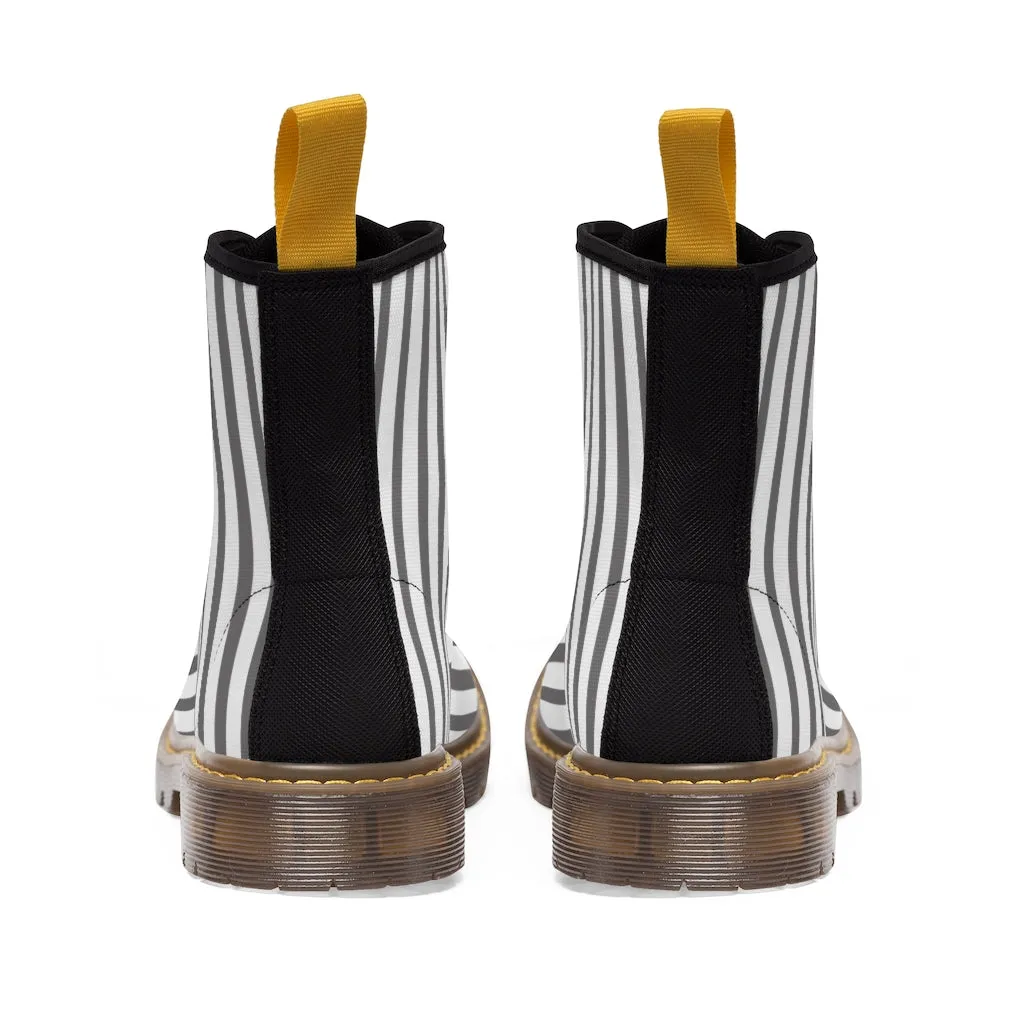 Grey Striped Print Men's Boots, White Stripes Best Hiking Winter Boots Laced Up Shoes For Men