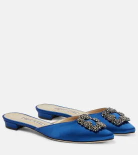 Hangisimu flat satin mules with Manolo Blahnik decoration, blue