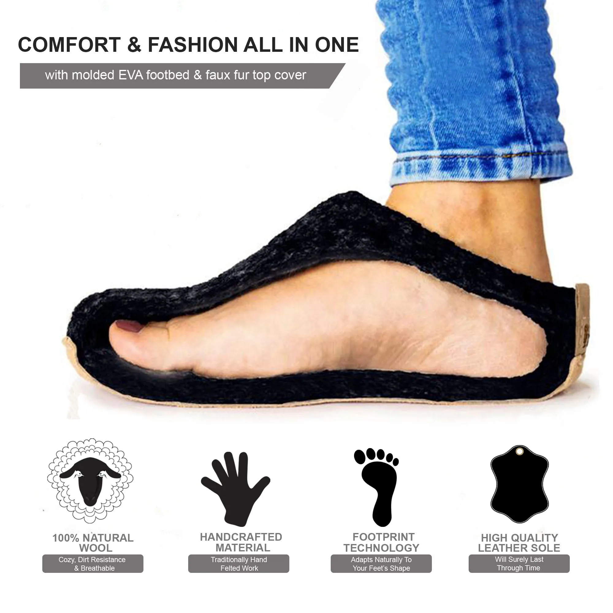 HaussimpleWool Unisex Wool Indoor Slippers Black