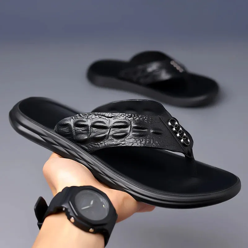 Hnzxzm Genuine Leather Mens Flip Flops Summer New Casual Slippers Men Fashion Outdoor Beach Slipper Classic Luxury Light Flats