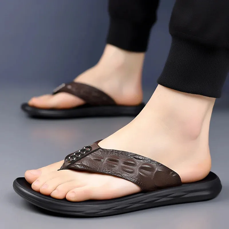 Hnzxzm Genuine Leather Mens Flip Flops Summer New Casual Slippers Men Fashion Outdoor Beach Slipper Classic Luxury Light Flats