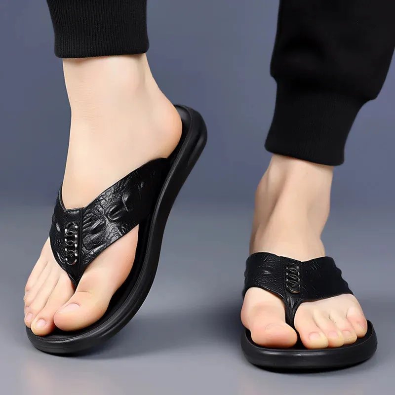 Hnzxzm Genuine Leather Mens Flip Flops Summer New Casual Slippers Men Fashion Outdoor Beach Slipper Classic Luxury Light Flats