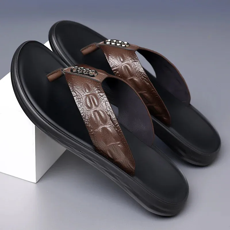 Hnzxzm Genuine Leather Mens Flip Flops Summer New Casual Slippers Men Fashion Outdoor Beach Slipper Classic Luxury Light Flats