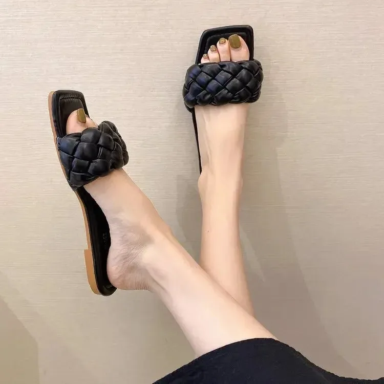 Hnzxzm Solid color women's Slippers Braided Design Charm Open-toe Set Foot Vacation Beach Flat Sandals Casual Flip Flops Women Shoes