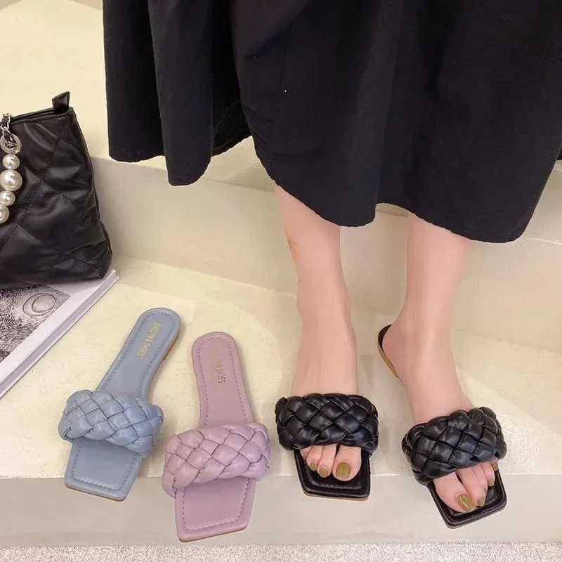 Hnzxzm Solid color women's Slippers Braided Design Charm Open-toe Set Foot Vacation Beach Flat Sandals Casual Flip Flops Women Shoes