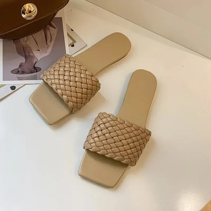 Hnzxzm Solid color women's Slippers Braided Design Charm Open-toe Set Foot Vacation Beach Flat Sandals Casual Flip Flops Women Shoes