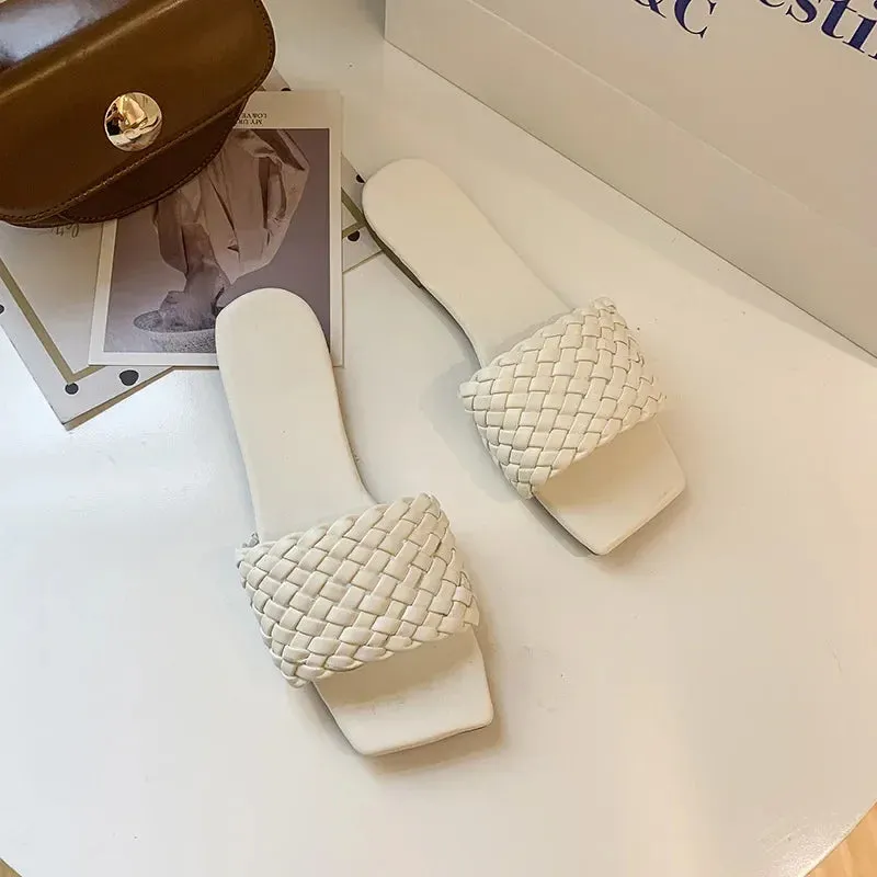 Hnzxzm Solid color women's Slippers Braided Design Charm Open-toe Set Foot Vacation Beach Flat Sandals Casual Flip Flops Women Shoes