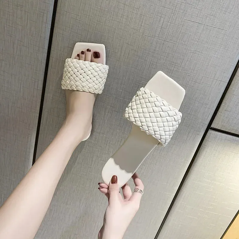 Hnzxzm Solid color women's Slippers Braided Design Charm Open-toe Set Foot Vacation Beach Flat Sandals Casual Flip Flops Women Shoes