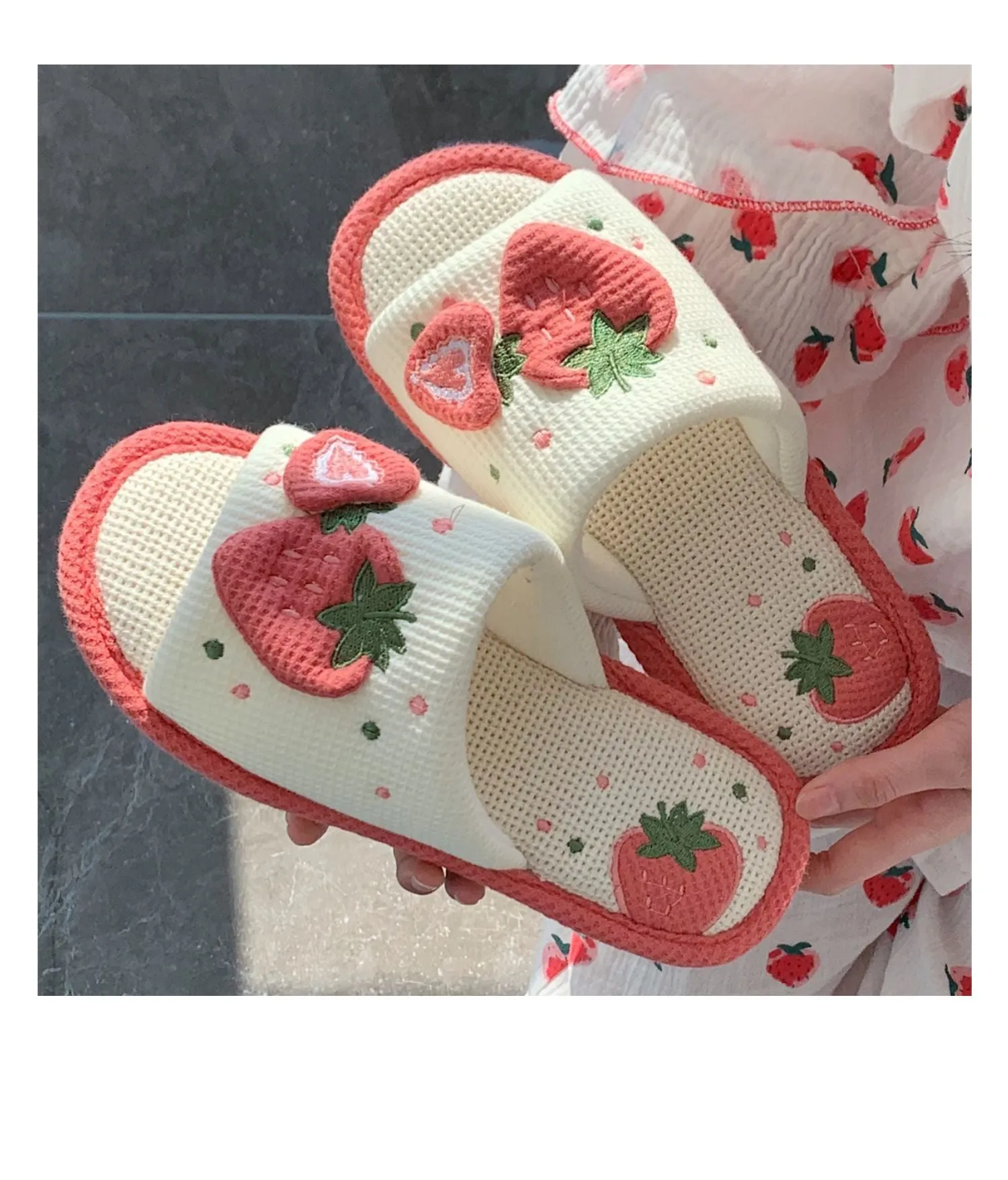 Hnzxzm Spring Home Slippers Linen Cotton Women Sandals Indoor Home Shoes Non-slip Slides Ladies Strawberry Korean Style Woman Shoe