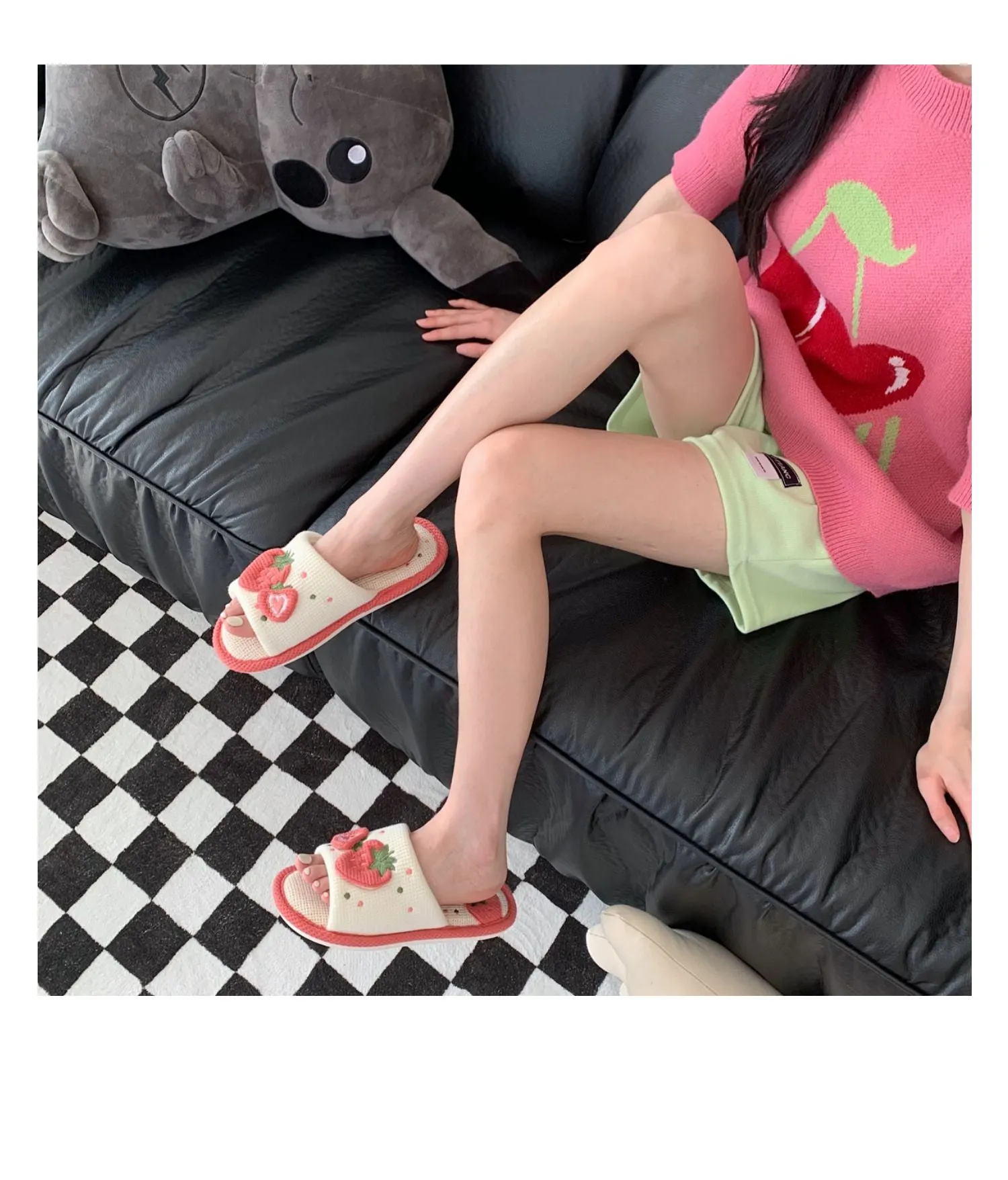 Hnzxzm Spring Home Slippers Linen Cotton Women Sandals Indoor Home Shoes Non-slip Slides Ladies Strawberry Korean Style Woman Shoe