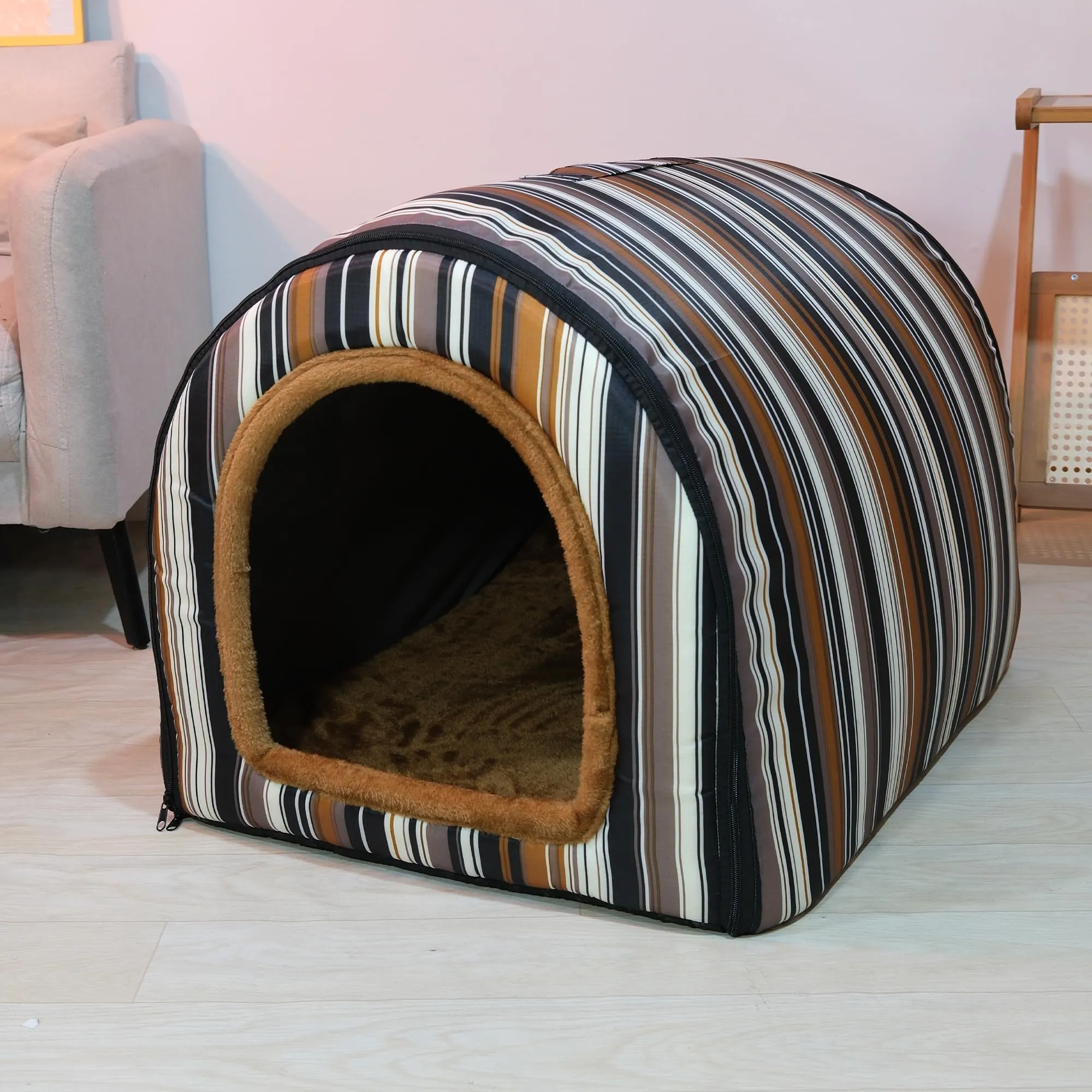 Homestic Foldable Igloo Dog House | Soft & Adjustable Travel Pet Shelter for Cat & Rabbits with Sleeping Bed | Cave Bed Tent Shelter for Pets | Small - Beige & Black Stripes
