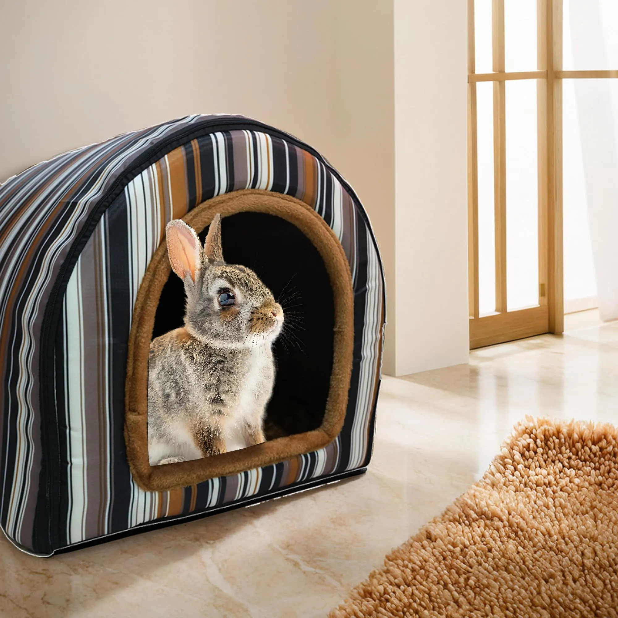Homestic Foldable Igloo Dog House | Soft & Adjustable Travel Pet Shelter for Cat & Rabbits with Sleeping Bed | Cave Bed Tent Shelter for Pets | Small - Beige & Black Stripes