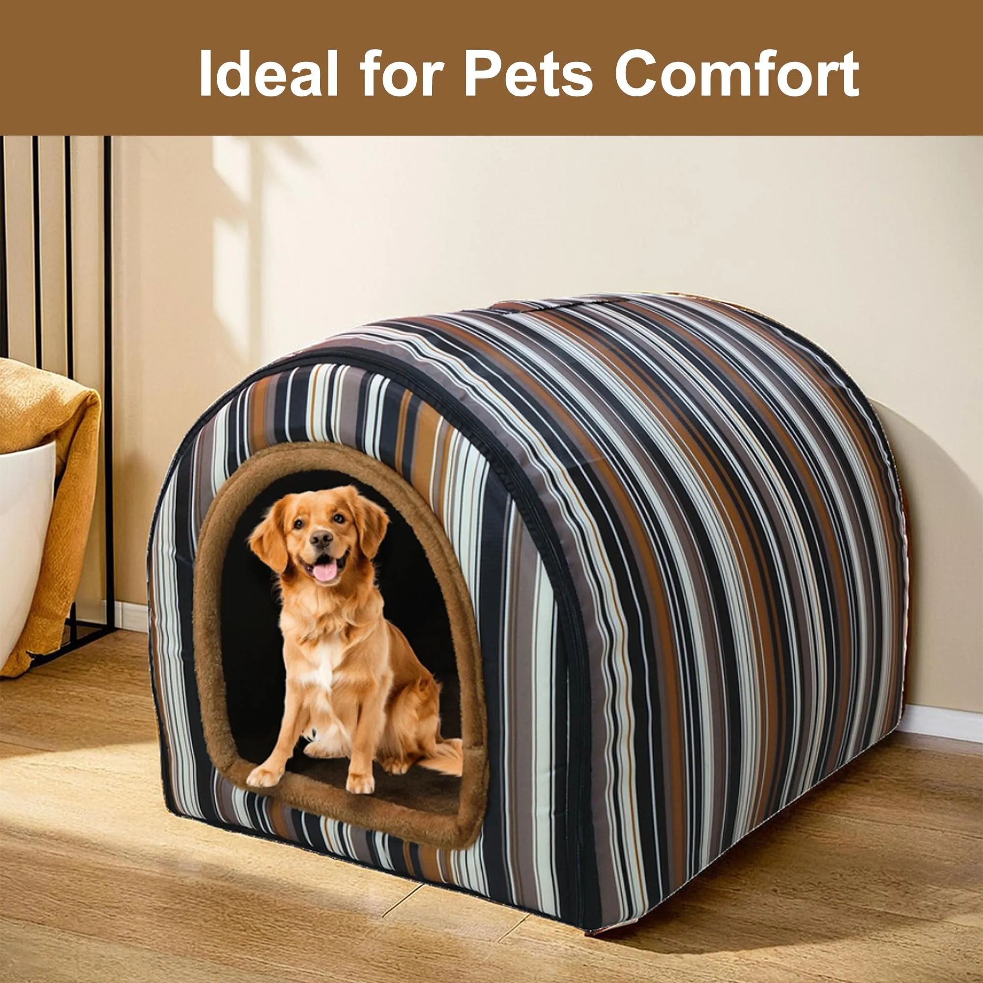 Homestic Foldable Igloo Dog House | Soft & Adjustable Travel Pet Shelter for Cat & Rabbits with Sleeping Bed | Cave Bed Tent Shelter for Pets | Small - Beige & Black Stripes