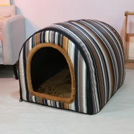 Homestic Foldable Igloo Dog House | Soft & Adjustable Travel Pet Shelter for Cat & Rabbits with Sleeping Bed | Cave Bed Tent Shelter for Pets | Small - Beige & Black Stripes