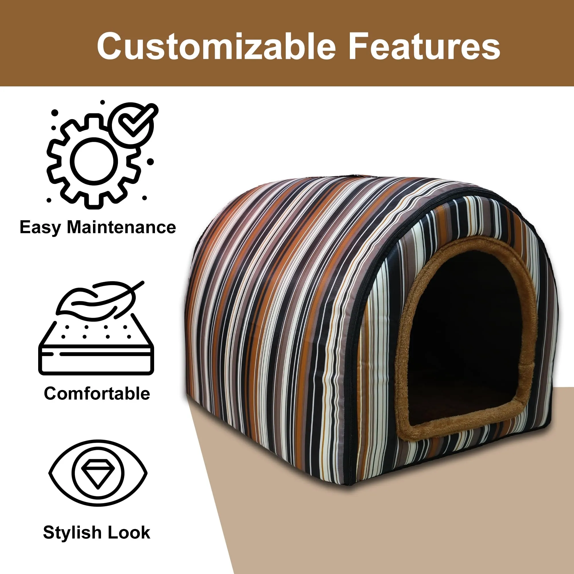 Homestic Foldable Igloo Dog House | Soft & Adjustable Travel Pet Shelter for Cat & Rabbits with Sleeping Bed | Cave Bed Tent Shelter for Pets | Small - Beige & Black Stripes