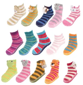 Kids Fuzzy Animal Slippers with Non Slip Slipper Grippers - 3 Pairs