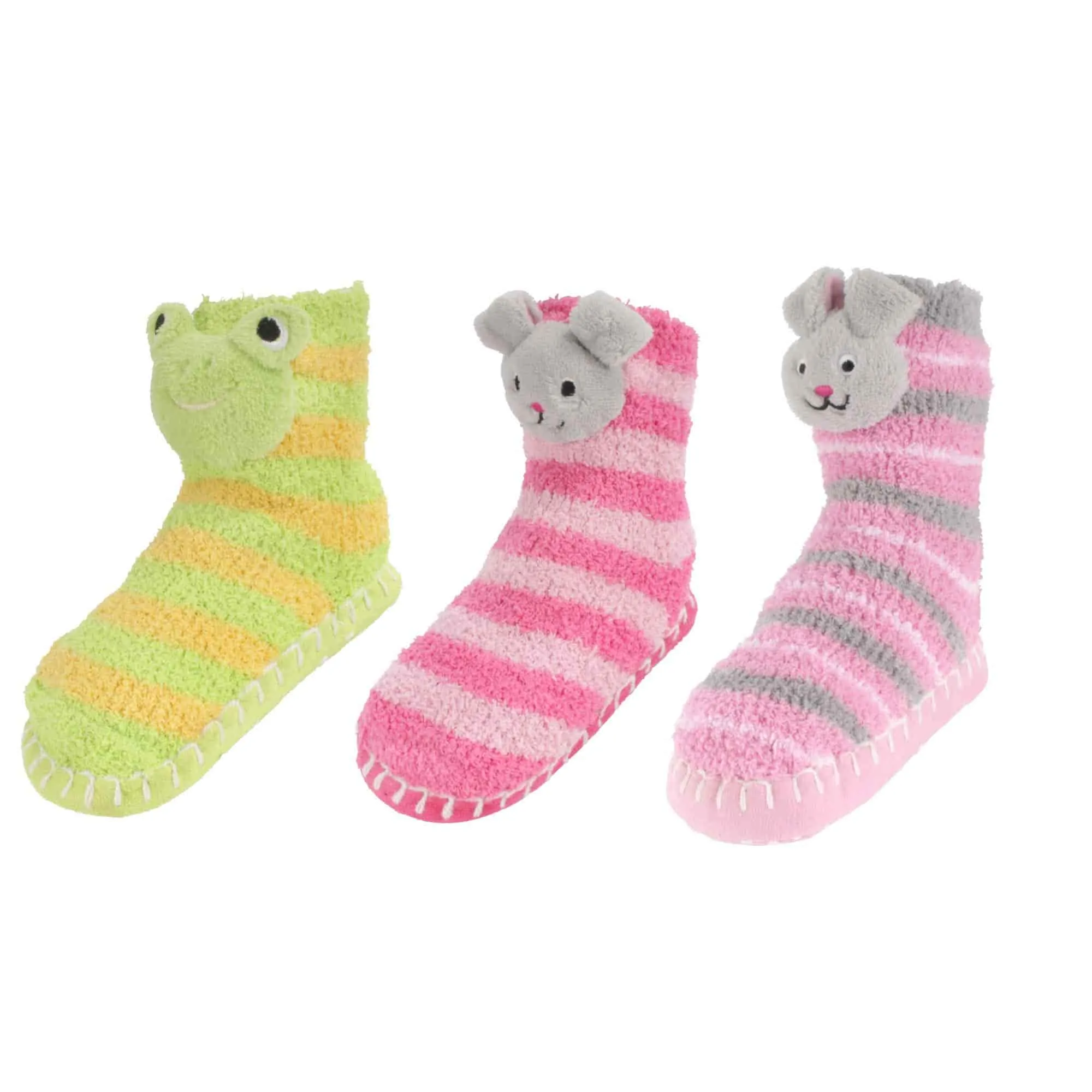 Kids Fuzzy Animal Slippers with Non Slip Slipper Grippers - 3 Pairs