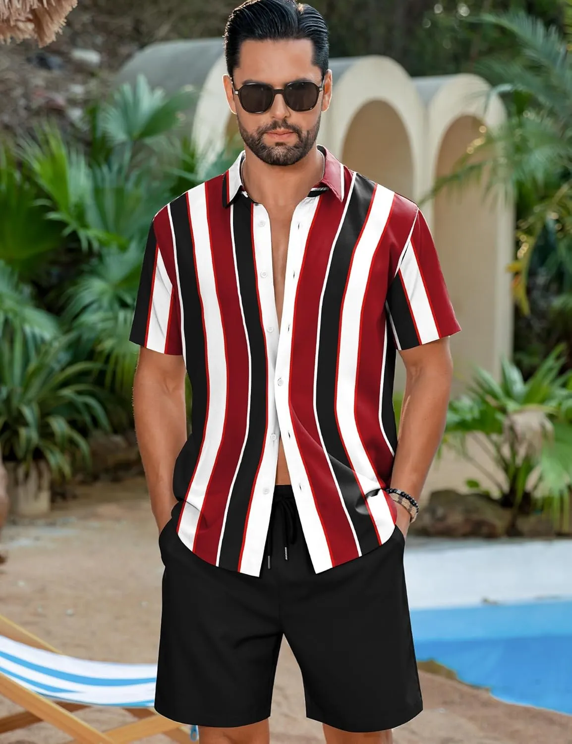 LecGee Men's Hawaiian Shirt Set Tropical Print Striped Button Down Hawaiian Shirt and Shorts 2 Piece Outfits