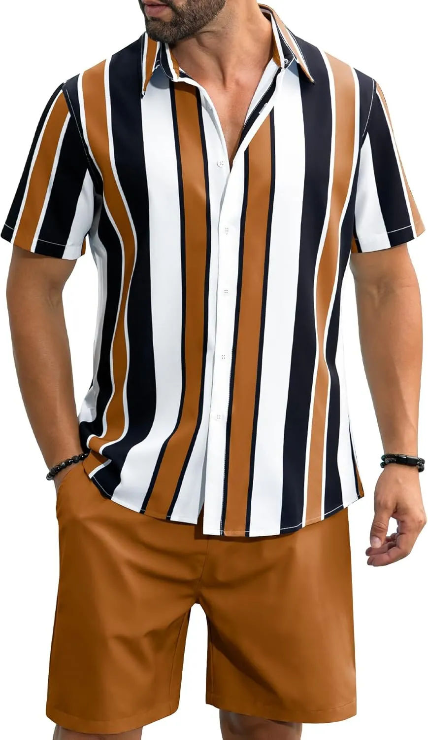 LecGee Men's Hawaiian Shirt Set Tropical Print Striped Button Down Hawaiian Shirt and Shorts 2 Piece Outfits