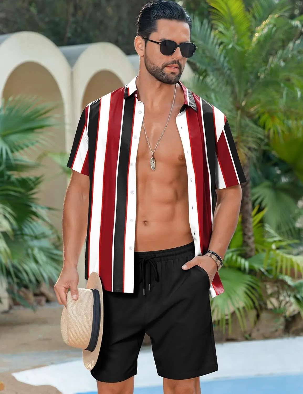 LecGee Men's Hawaiian Shirt Set Tropical Print Striped Button Down Hawaiian Shirt and Shorts 2 Piece Outfits