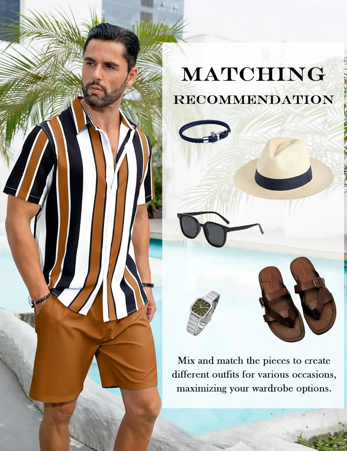 LecGee Men's Hawaiian Shirt Set Tropical Print Striped Button Down Hawaiian Shirt and Shorts 2 Piece Outfits