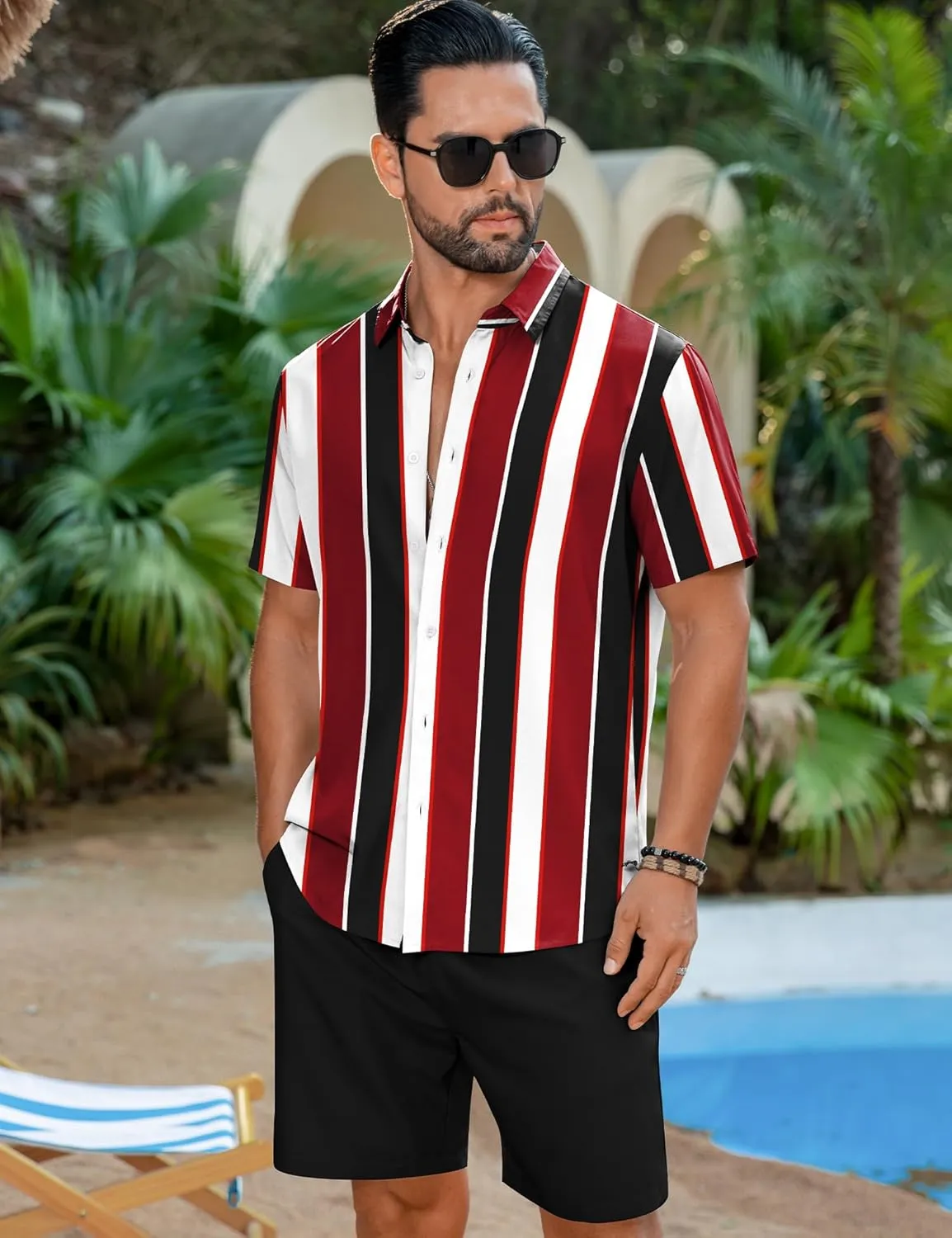 LecGee Men's Hawaiian Shirt Set Tropical Print Striped Button Down Hawaiian Shirt and Shorts 2 Piece Outfits