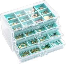 Lolalet Earring Holder Organizer Box Jewelry Storage with 4 Drawers, Clear Acrylic Stackable Earring Case with Adjustable Velvet Trays for Women on Dresser Vanity -Aqua, 4 Layers