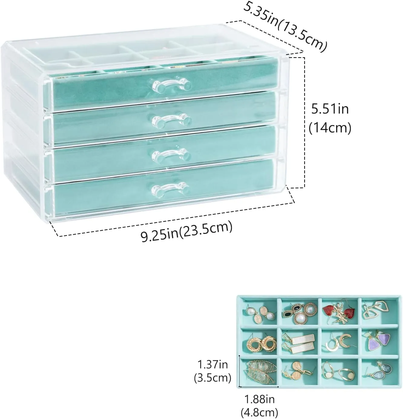 Lolalet Earring Holder Organizer Box Jewelry Storage with 4 Drawers, Clear Acrylic Stackable Earring Case with Adjustable Velvet Trays for Women on Dresser Vanity -Aqua, 4 Layers