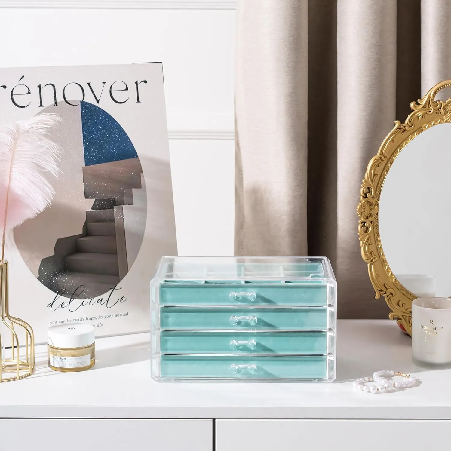 Lolalet Earring Holder Organizer Box Jewelry Storage with 4 Drawers, Clear Acrylic Stackable Earring Case with Adjustable Velvet Trays for Women on Dresser Vanity -Aqua, 4 Layers